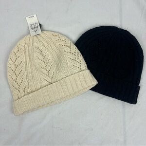Set of 2 Ann Taylor Loft Cream & Black Cuffed Fold-Over Wool Angora Knit Beanies